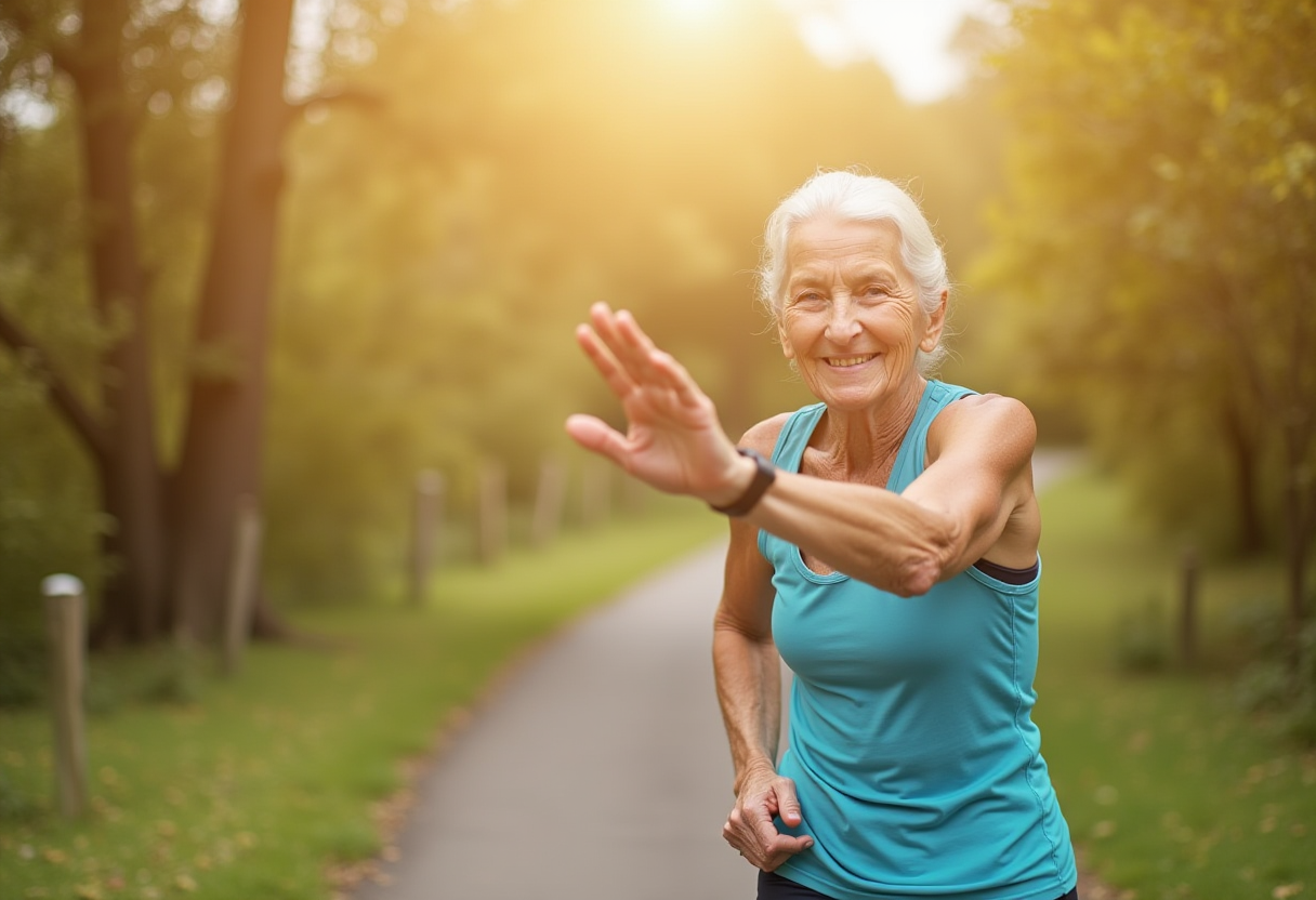 Група активних людей після 55 років виконує фітнес-вправи в сучасному залі